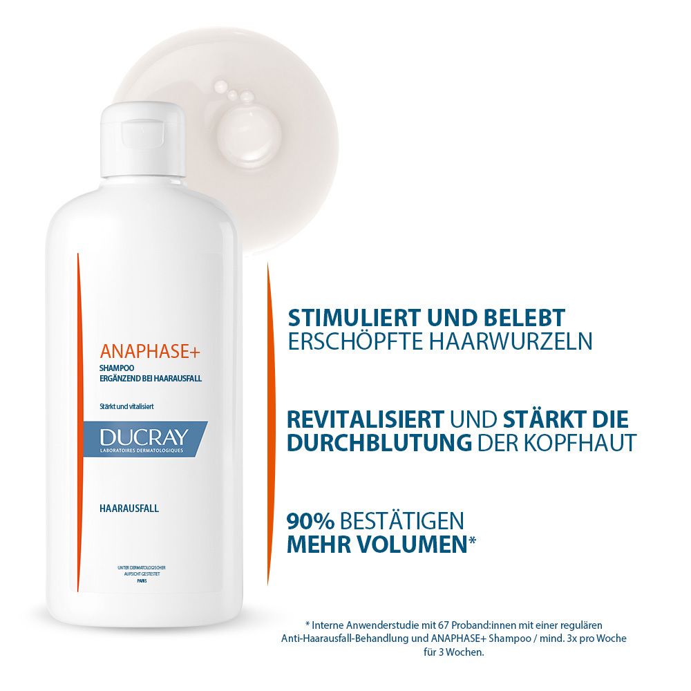 Flacone bianco Ducray Anaphase+ Shampoo anticaduta. Accanto, una goccia di shampoo.