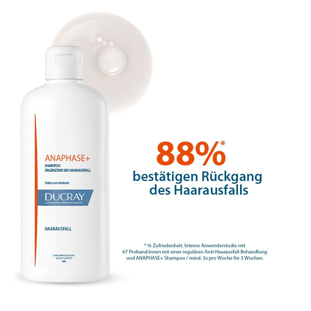 Flacone bianco Ducray Anaphase+ Shampoo anticaduta. Goccia di shampoo a lato. Testo: 88% confermano la riduzione della caduta dei capelli.