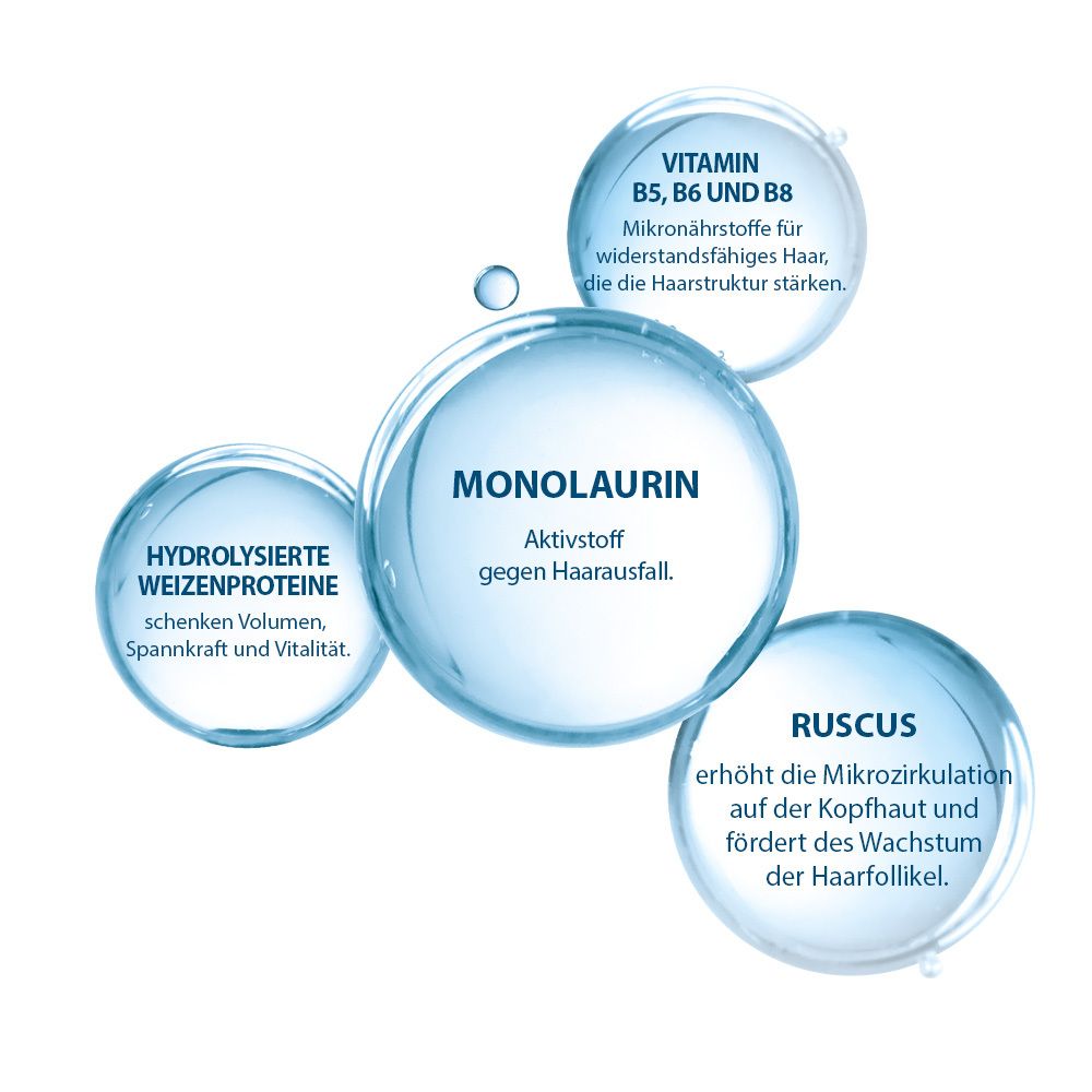 Grafica con bolle che elencano ingredienti anticaduta: Monolaurina, proteine di grano idrolizzate, vitamine B5, B6, B8 e Ruscus.