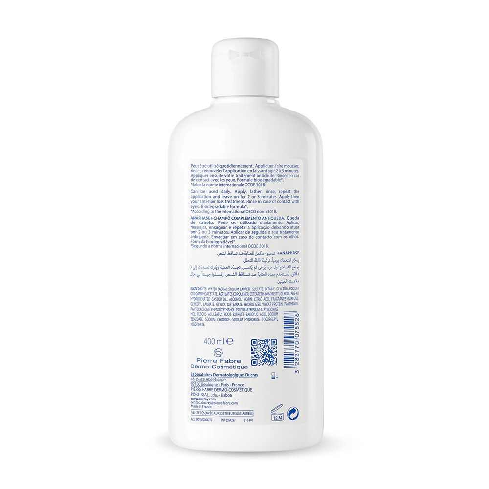 Flacone bianco con tappo a scatto bianco. Contiene 400 ml. Etichettatura in tedesco, francese, italiano, olandese e arabo.