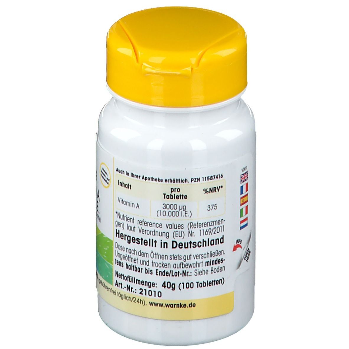 Retro del flacone di compresse. Adesivo giallo con informazioni. Scritta: Vitamin A, 3000 µg (10.000 I.E.). Prodotto in Germania.