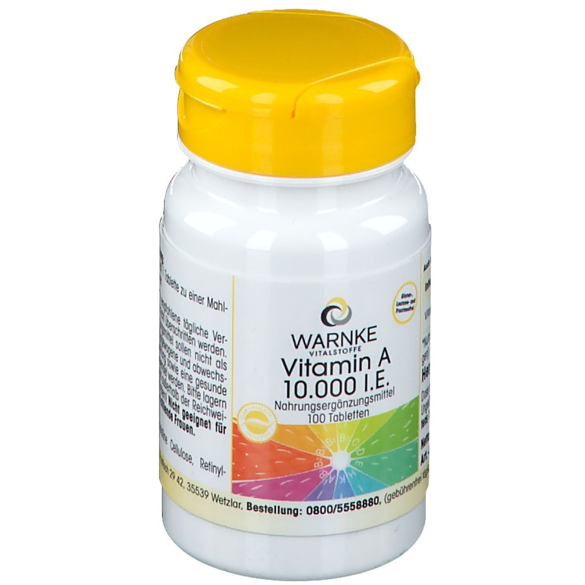 Flacone bianco con tappo giallo. Scritta: WARNKE, Vitamin A 10.000 I.E., integratore alimentare. Etichetta colorata.