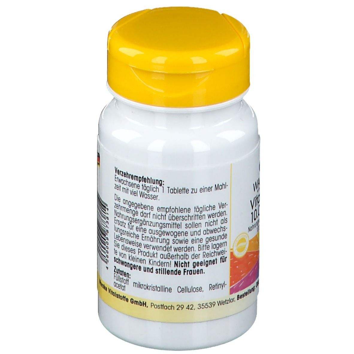 Retro del flacone di compresse. Testo in più lingue. Codice a barre e avvertenze. Prodotto in Germania.