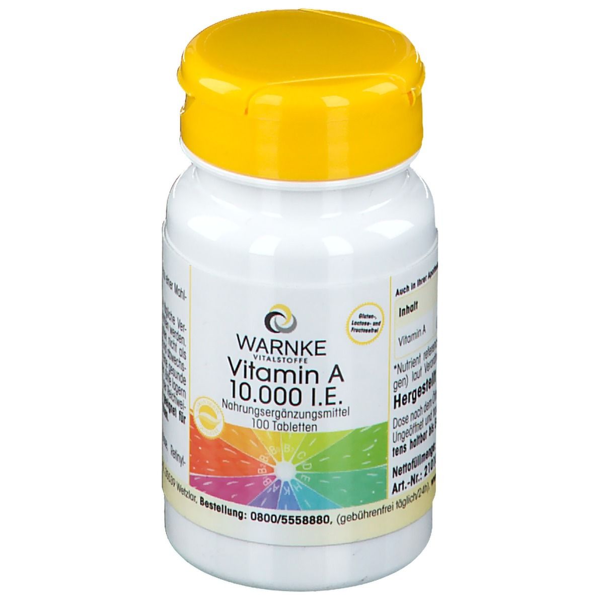 Flacone bianco con tappo giallo. Scritta: WARNKE, Vitamin A 10.000 I.E., 100 compresse. Etichetta colorata.