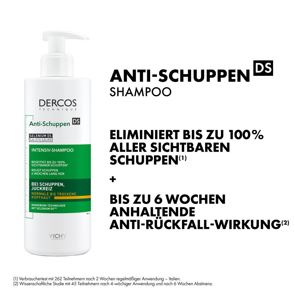 Vichy Dercos shampoo antiforfora, testo e immagine del prodotto. Elimina fino al 100% della forfora visibile.