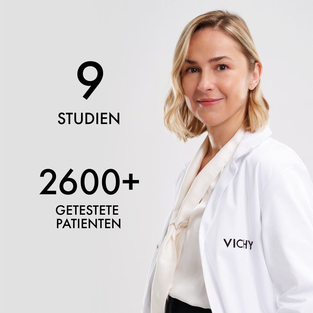 Una donna con camice bianco. Testo: 9 studi, 2600+ pazienti testati. Logo Vichy.
