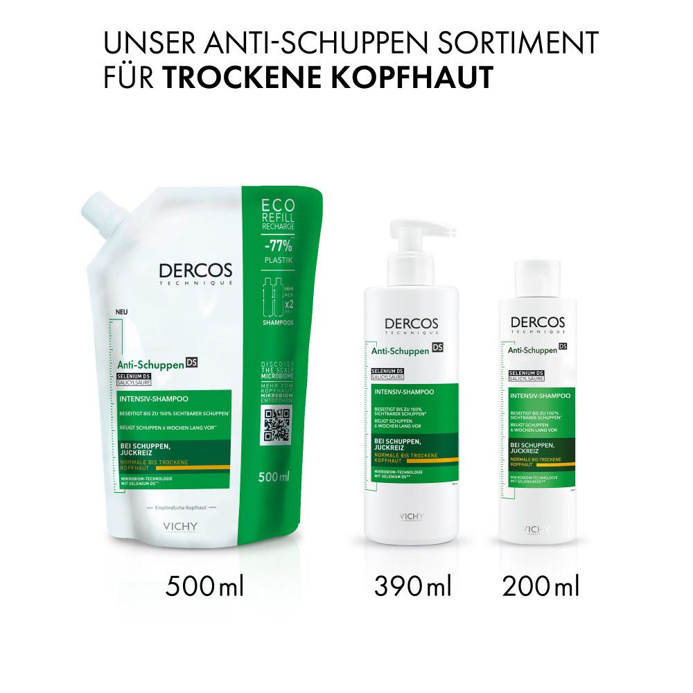 Gamma Dercos antiforfora per cuoio capelluto secco. Diverse dimensioni: 500ml, 390ml, 200ml.