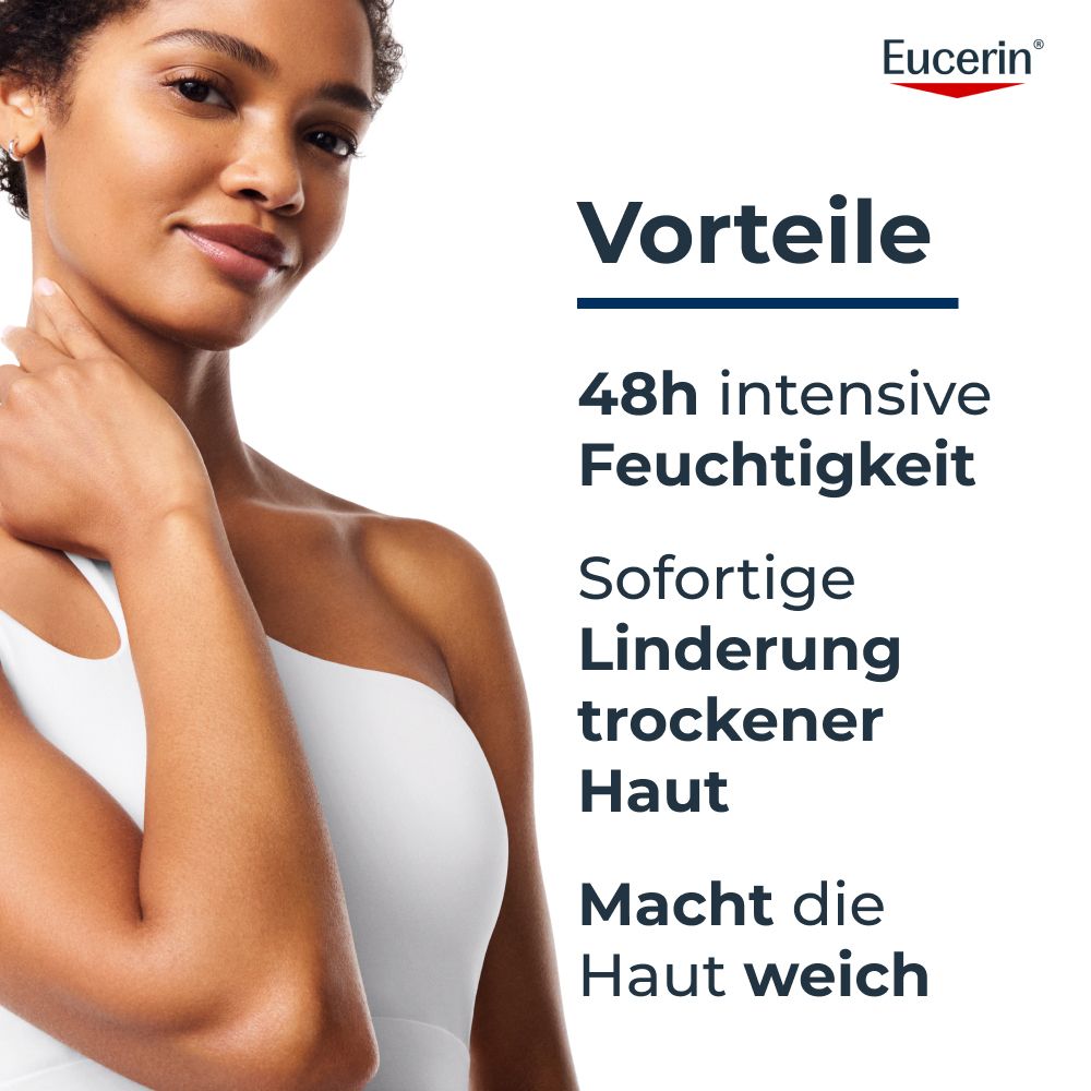 Vantaggi della lozione Eucerin UreaRepair PLUS: 48 ore di idratazione, sollievo pelle secca.