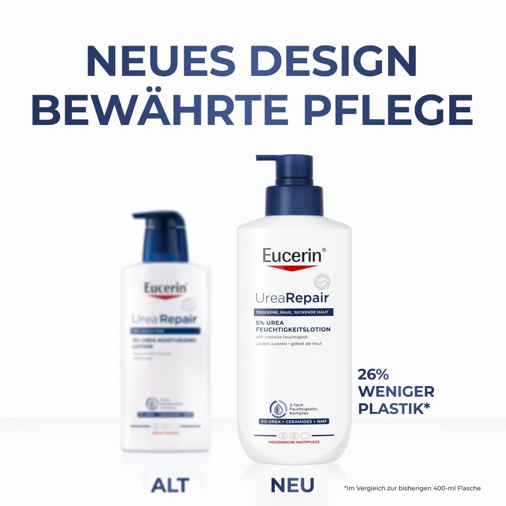 Nuovo design della lozione Eucerin UreaRepair PLUS rispetto al vecchio design.