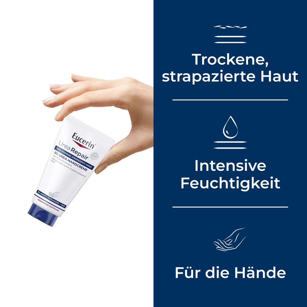 Una mano tiene un tubo di crema mani Eucerin Urea Repair 5%.