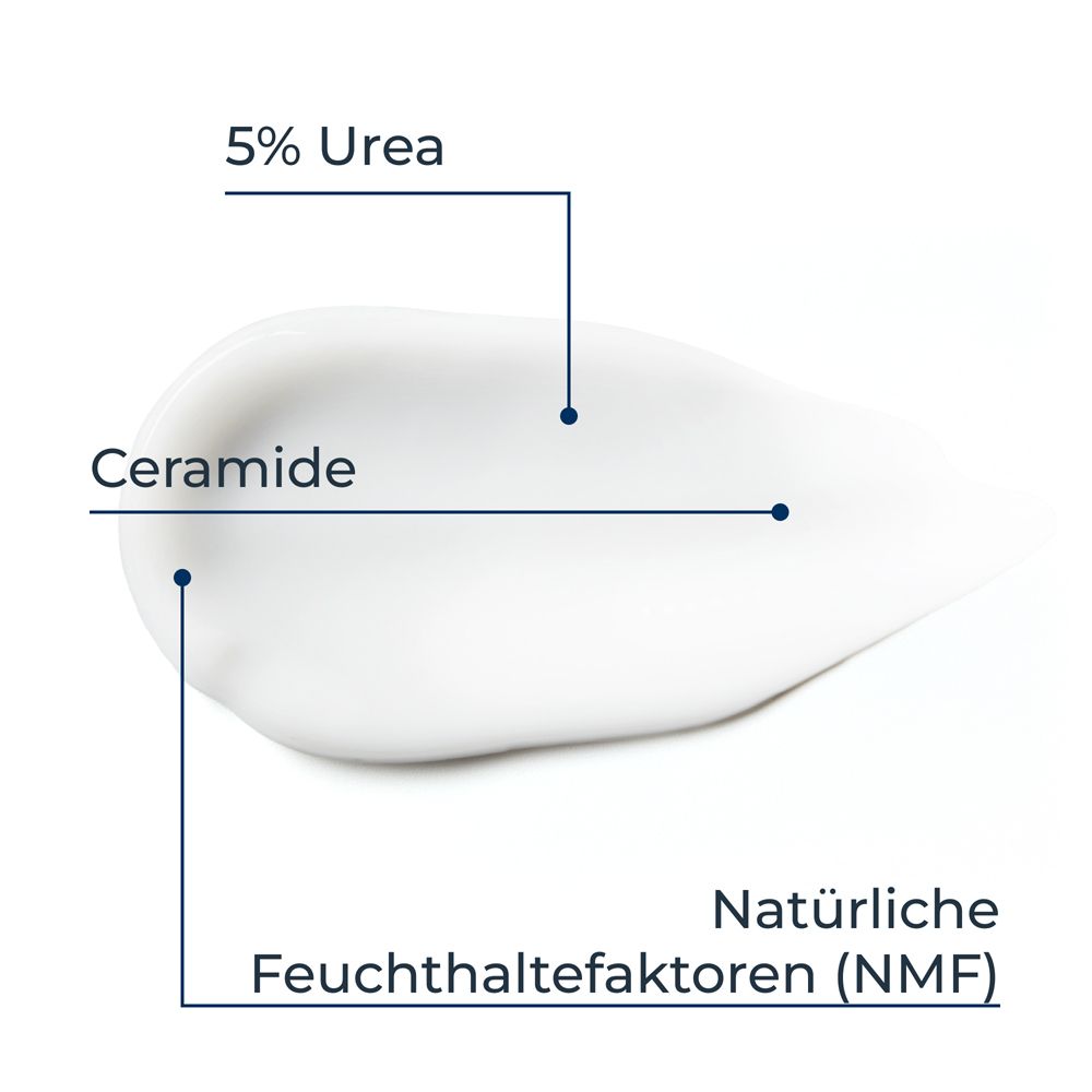 Una striscia di crema che mostra gli ingredienti: 5% Urea, Ceramide e NMF.