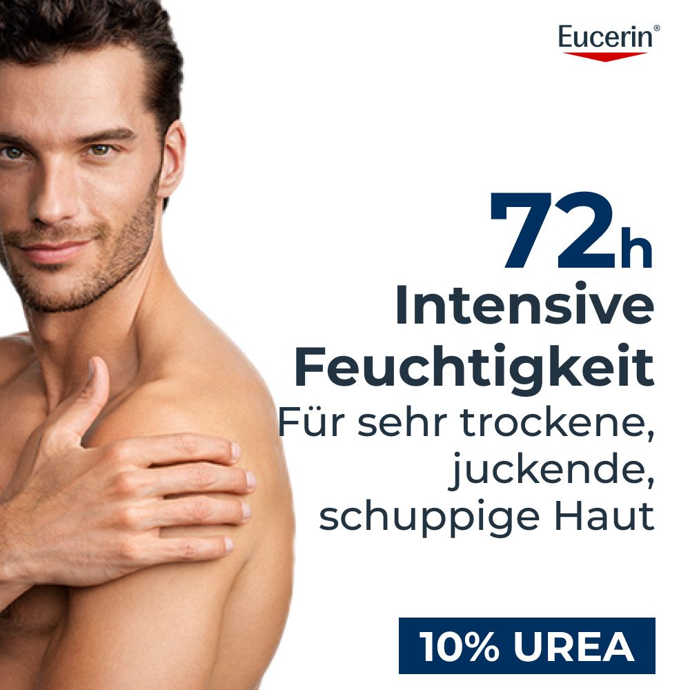 Uomo con pelle secca, Eucerin UreaRepair PLUS Lotion 10% per 72 ore di idratazione intensiva.