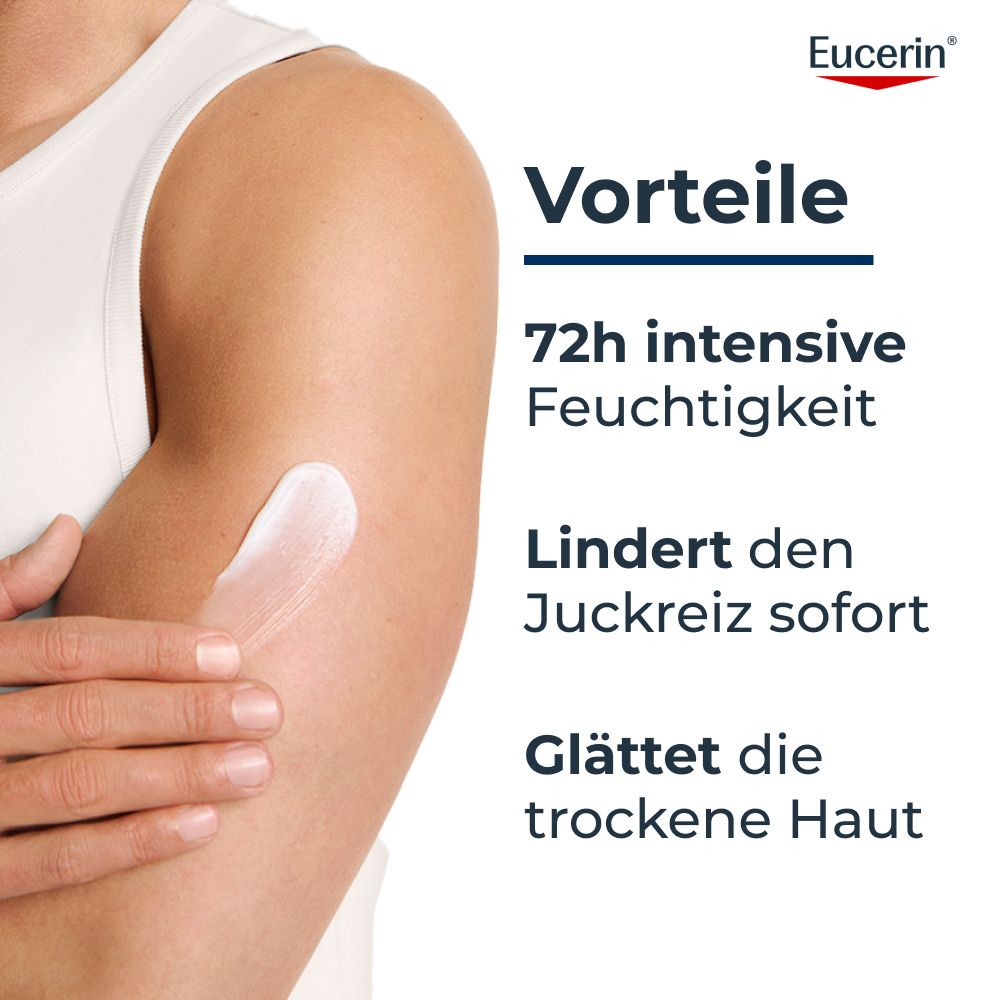 Applicazione di Eucerin UreaRepair PLUS Lotion 10% sulla pelle per alleviare il prurito.