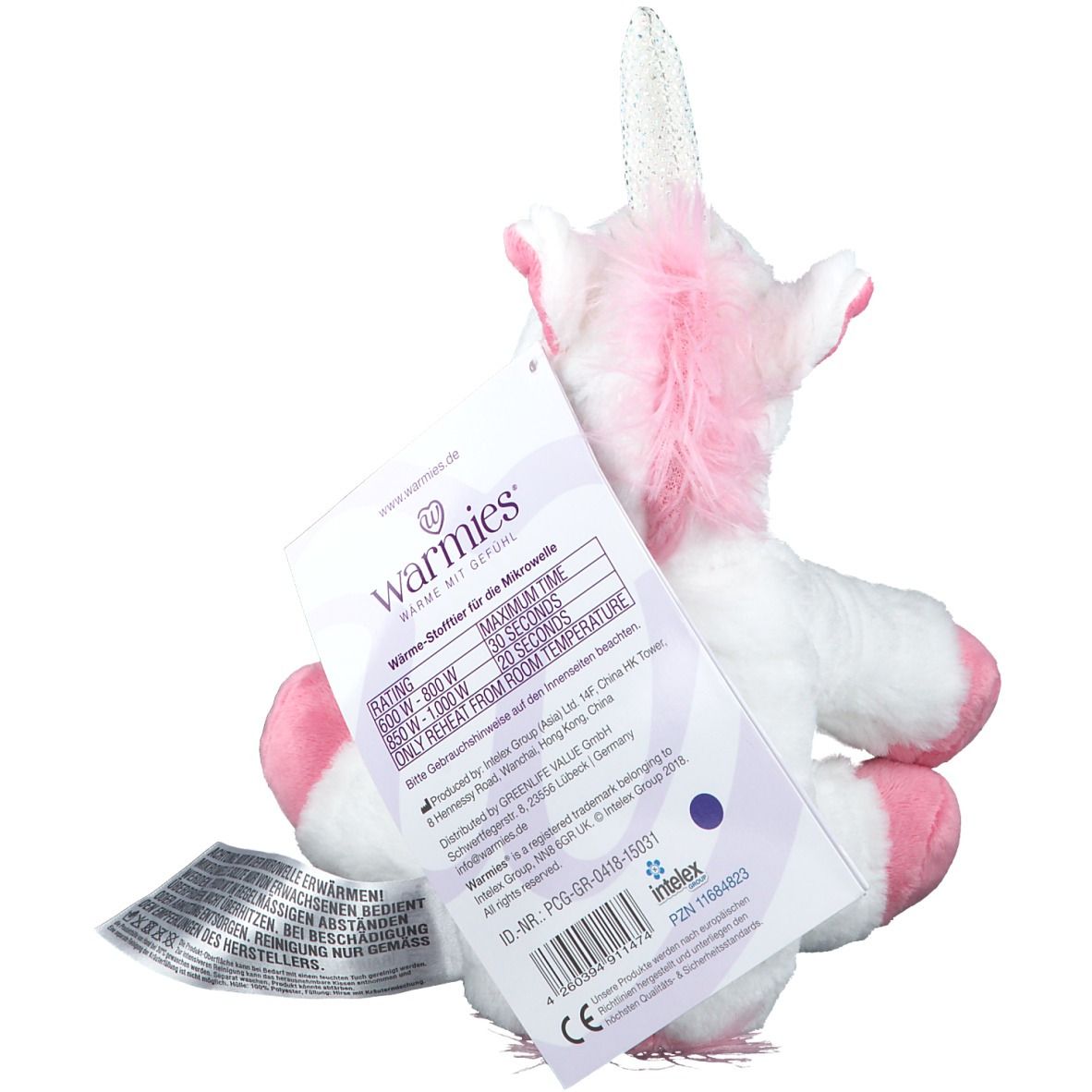 Unicorno di peluche con accenti rosa, per scaldare.