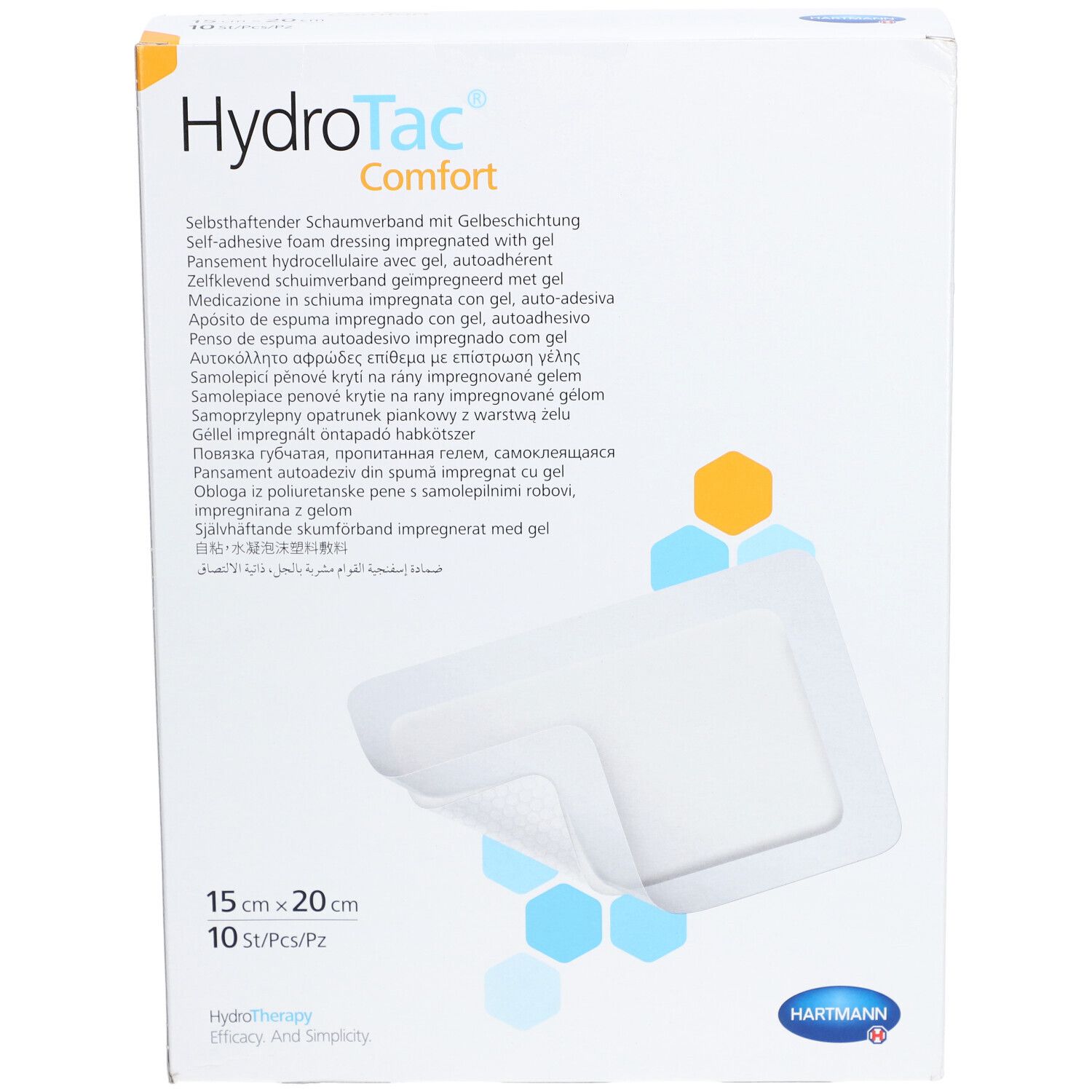 Fronte della confezione HydroTac® comfort. Mostra una medicazione bianca, 15 x 20 cm, 10 pezzi. Logo Hartmann.