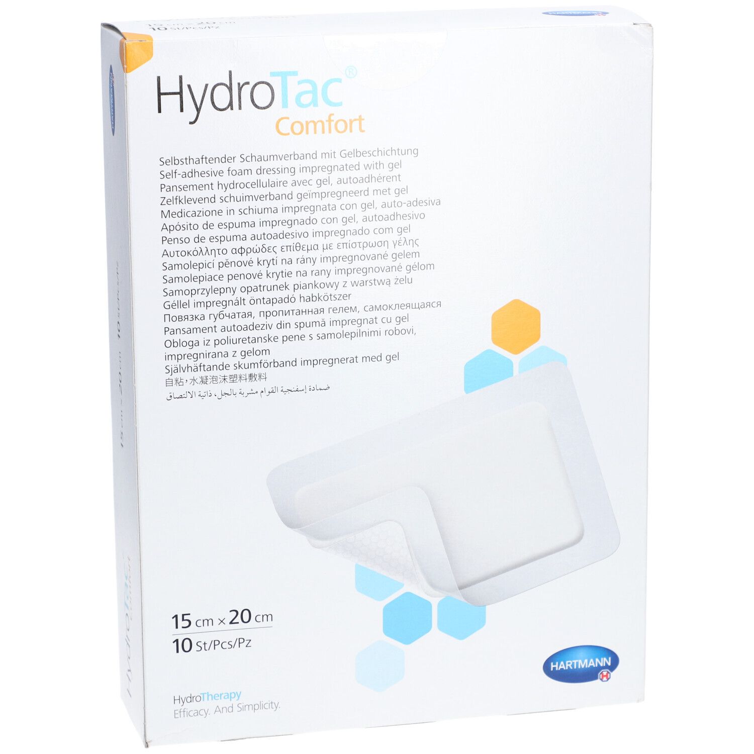 Fronte della confezione HydroTac® comfort. Mostra una medicazione bianca, 15 x 20 cm, 10 pezzi. Logo Hartmann.