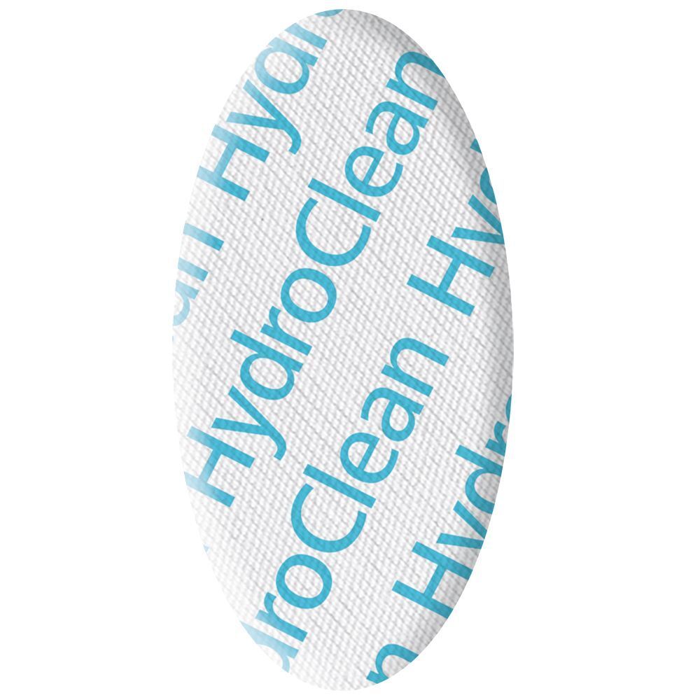 Medicazione ovale HydroClean. Superficie bianca con scritta HydroClean.
