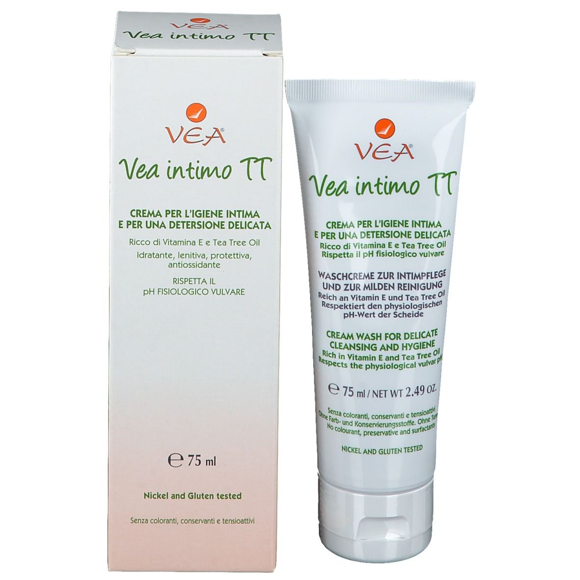 VEA intimo TT Waschcreme e confezione. Tubo e scatola. Testo in tedesco, italiano e inglese. 75 ml.