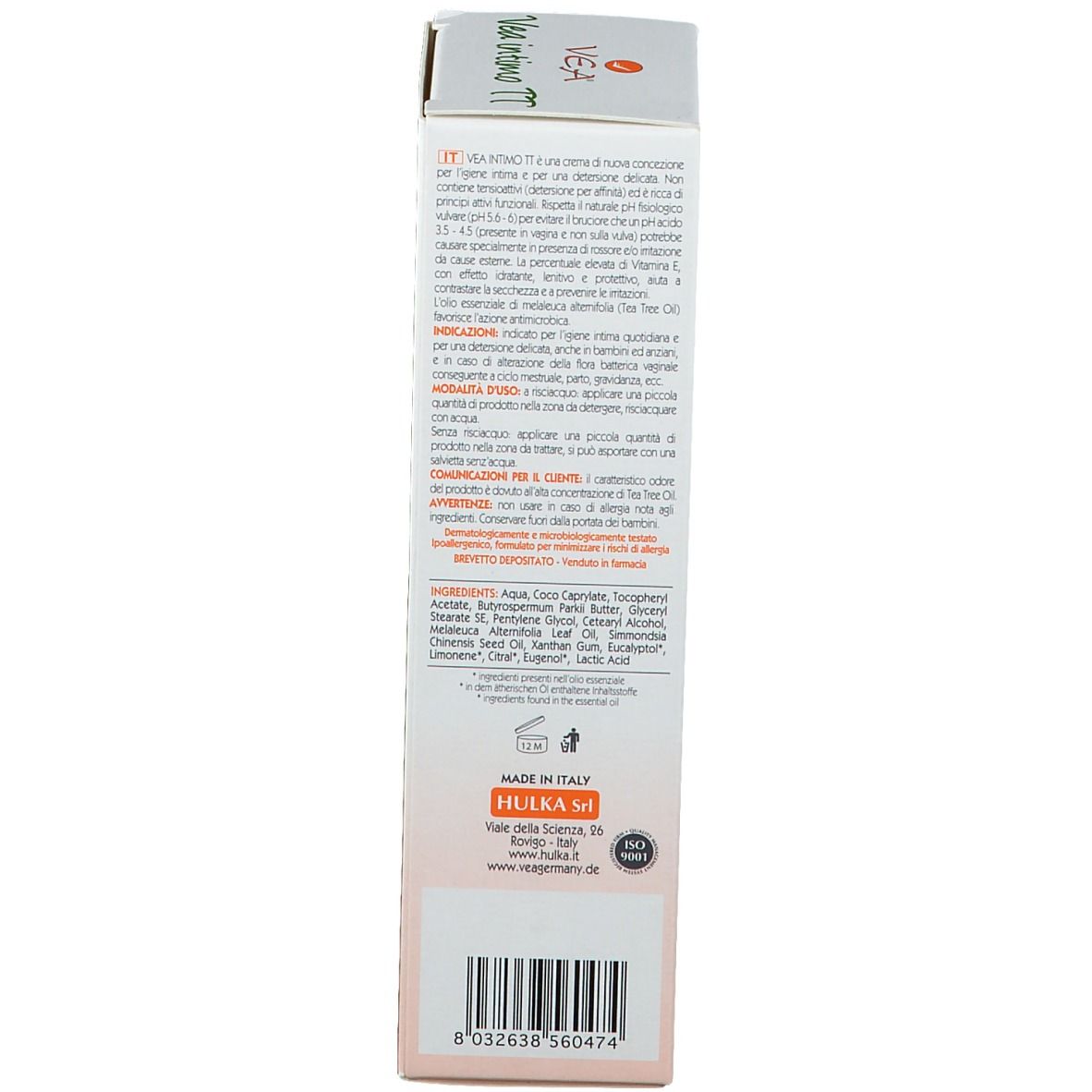 Retro della scatola di VEA intimo TT Waschcreme. Testo in italiano, tedesco e inglese. Prodotto in Italia.