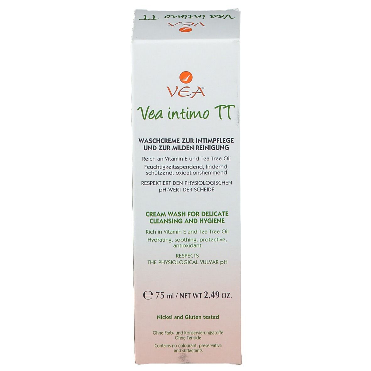 Fronte della scatola di VEA intimo TT Waschcreme. Testo in tedesco, italiano e inglese. 75 ml.