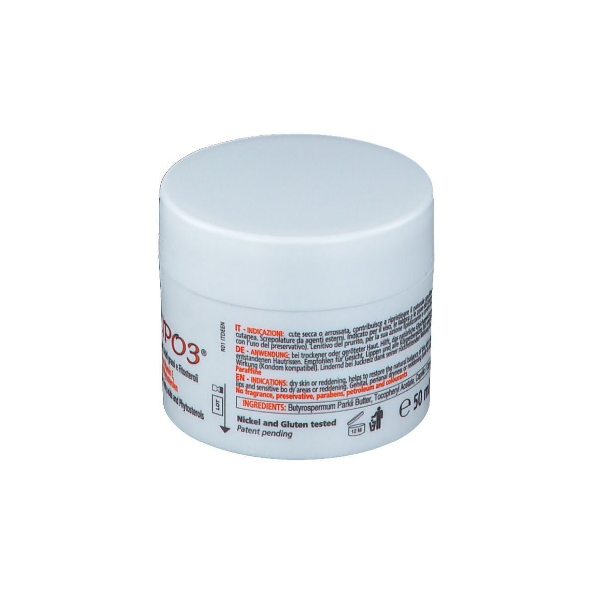 Barattolo bianco con stampa VEA LIPO3. Testo: Indicazioni, ingredienti, testato nichel e glutine. Brevetto in corso.