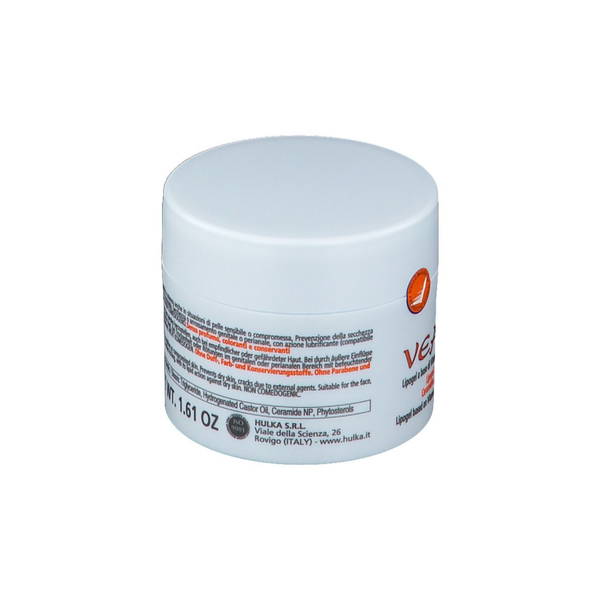 Barattolo bianco con stampa VEA LIPO3. Testo: 50 ml / NET WT. 1.61 OZ. Testo sulla composizione e l'uso del prodotto. Indirizzo.