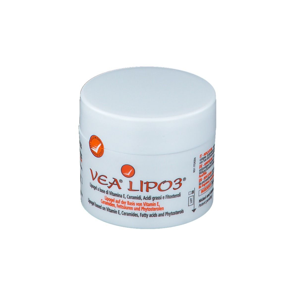 Barattolo bianco con stampa VEA LIPO3. Logo arancione. Testo: Lipogel a base di vitamina E, ceramidi, acidi grassi e fitosteroli.