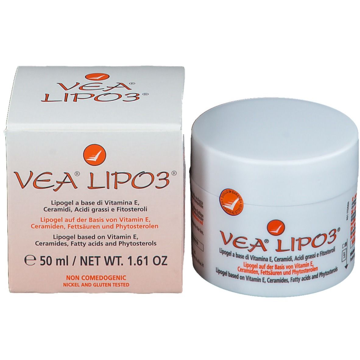 Prodotto e confezione VEA LIPO3. Barattolo e scatola bianchi. Testo: 50 ml / NET WT. 1.61 OZ. Non comedogenico. Testato nichel e glutine.