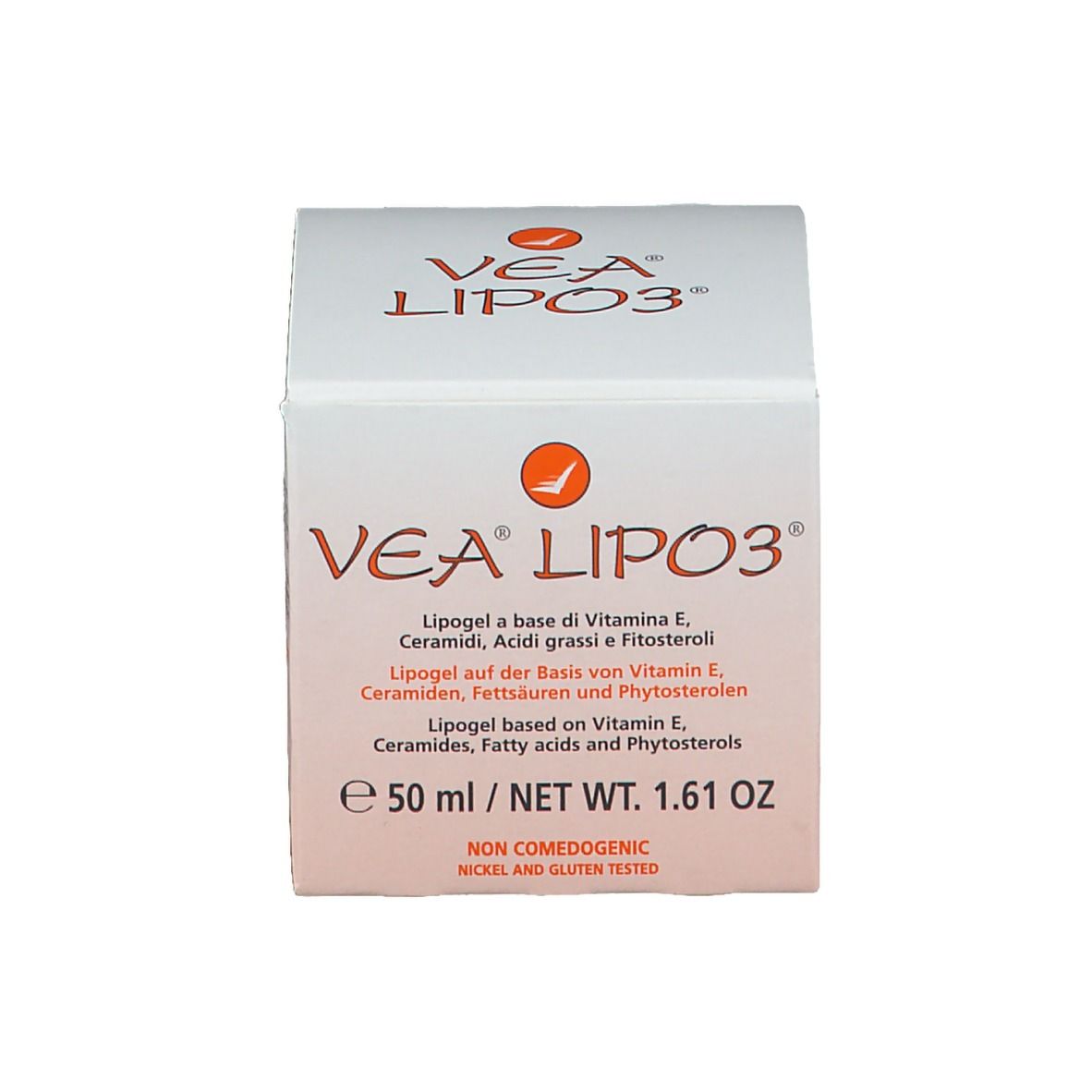 Confezione VEA LIPO3. Scatola bianca. Testo: 50 ml / NET WT. 1.61 OZ. Non comedogenico. Testato nichel e glutine. Logo arancione.