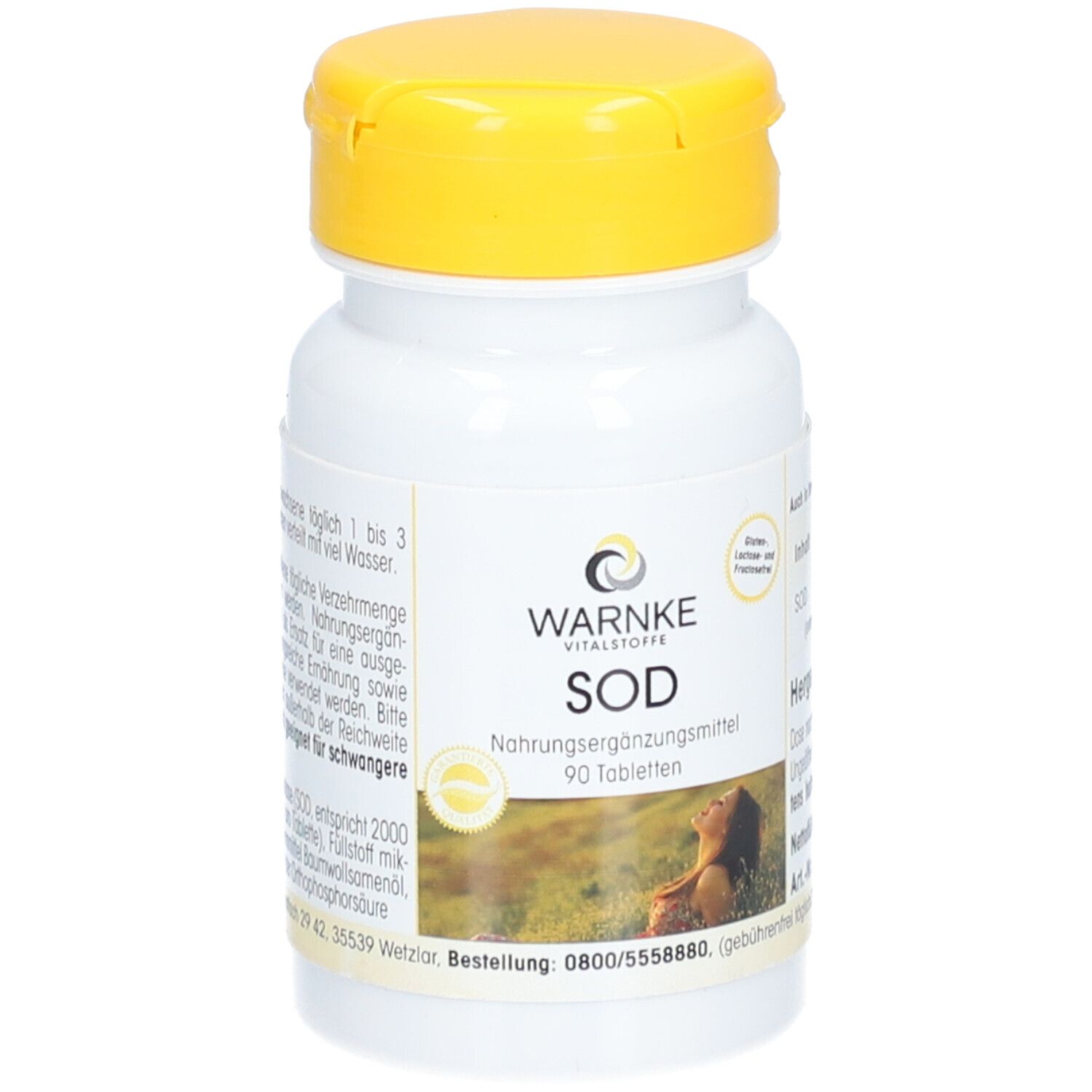 Flacone di compresse bianco con coperchio giallo. Scritta WARNKE SOD, integratore alimentare. 90 compresse.
