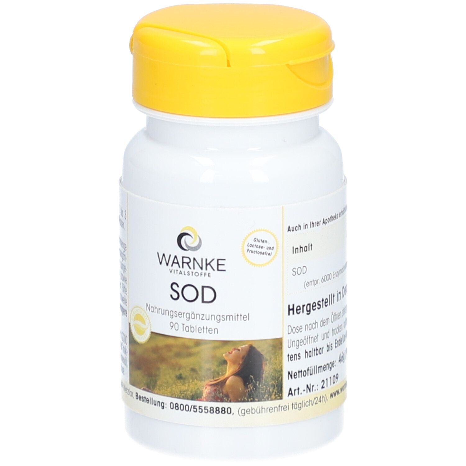 Flacone di compresse bianco con coperchio giallo. Scritta WARNKE SOD, integratore alimentare. 90 compresse.