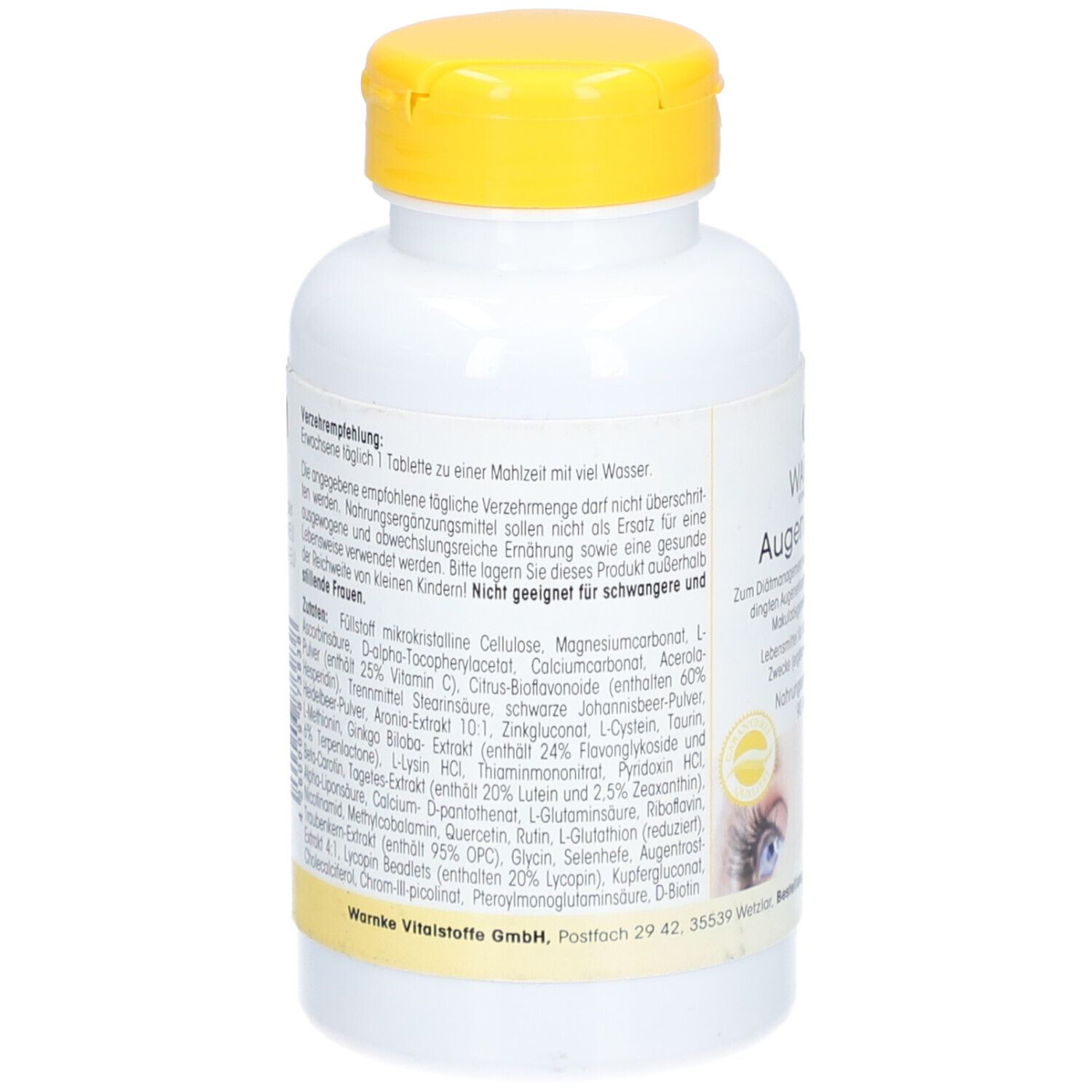 Retro del flacone bianco con tappo giallo. Elenco ingredienti e raccomandazioni. WARNKE Vitalstoffe.