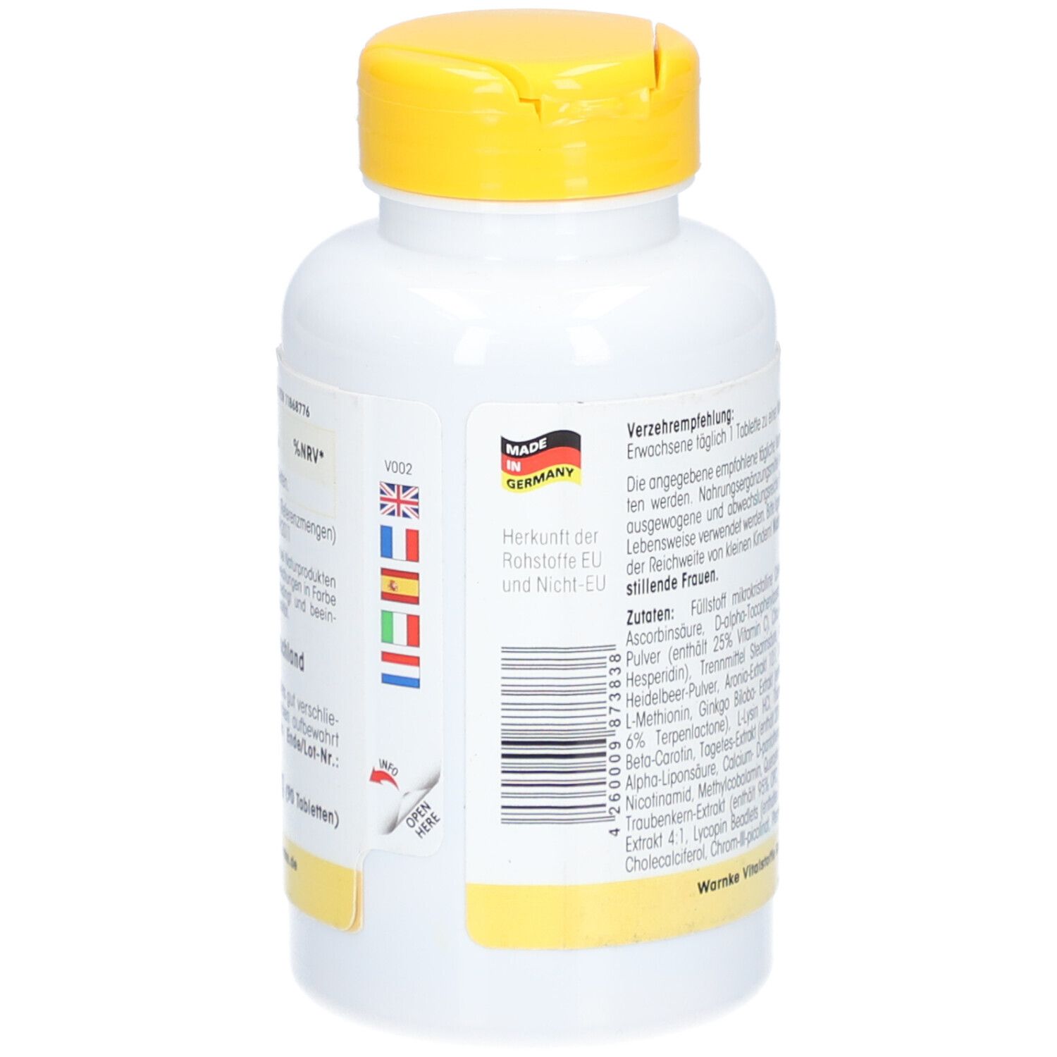 Retro del flacone bianco con tappo giallo. Paese di origine: Germania. Con bandiere dei paesi UE.