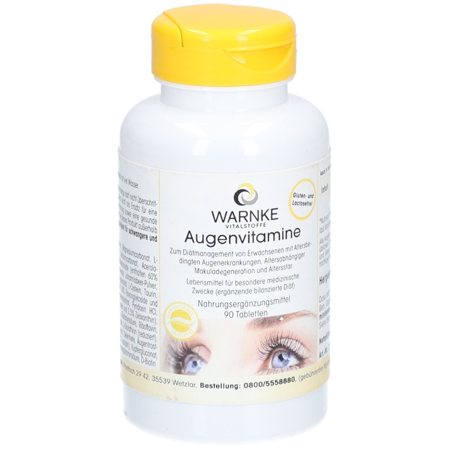 Flacone bianco con tappo giallo. Scritta WARNKE Augenvitamine. 90 compresse. Senza glutine e lattosio.