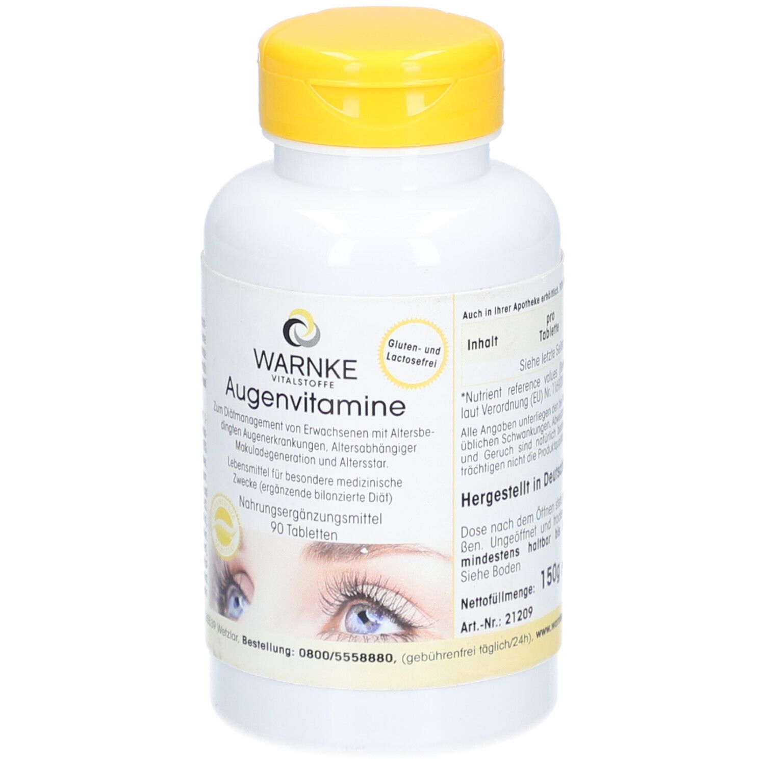 Flacone bianco con tappo giallo. Scritta WARNKE Augenvitamine. 90 compresse. Senza glutine e lattosio. 150g.