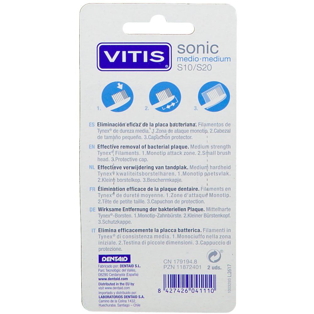 Confezione spazzolino Vitis Sonic Medio-Medium con indicazioni per la rimozione della placca.