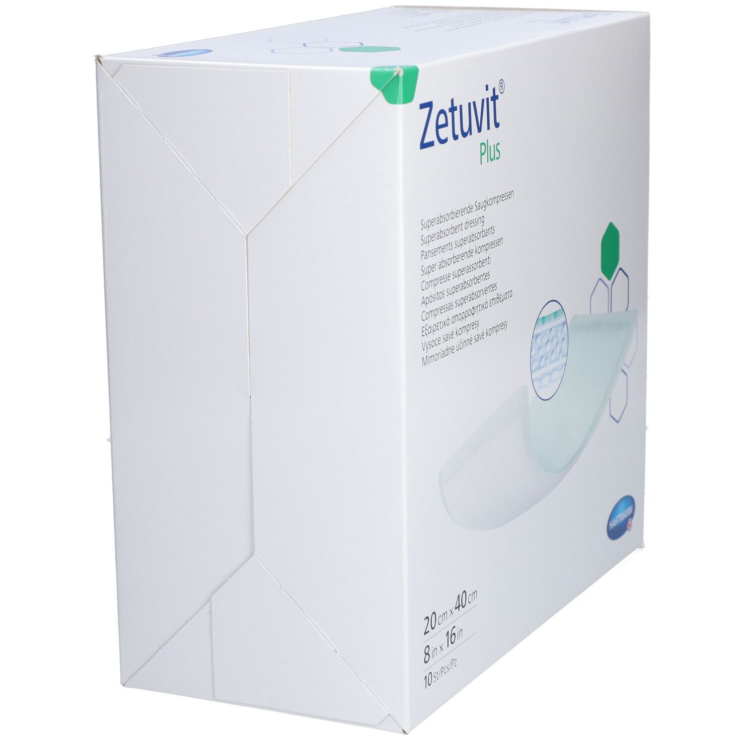Vista laterale della confezione Zetuvit® Plus. Scatola bianca con nome del prodotto e dimensioni. Vista angolare.