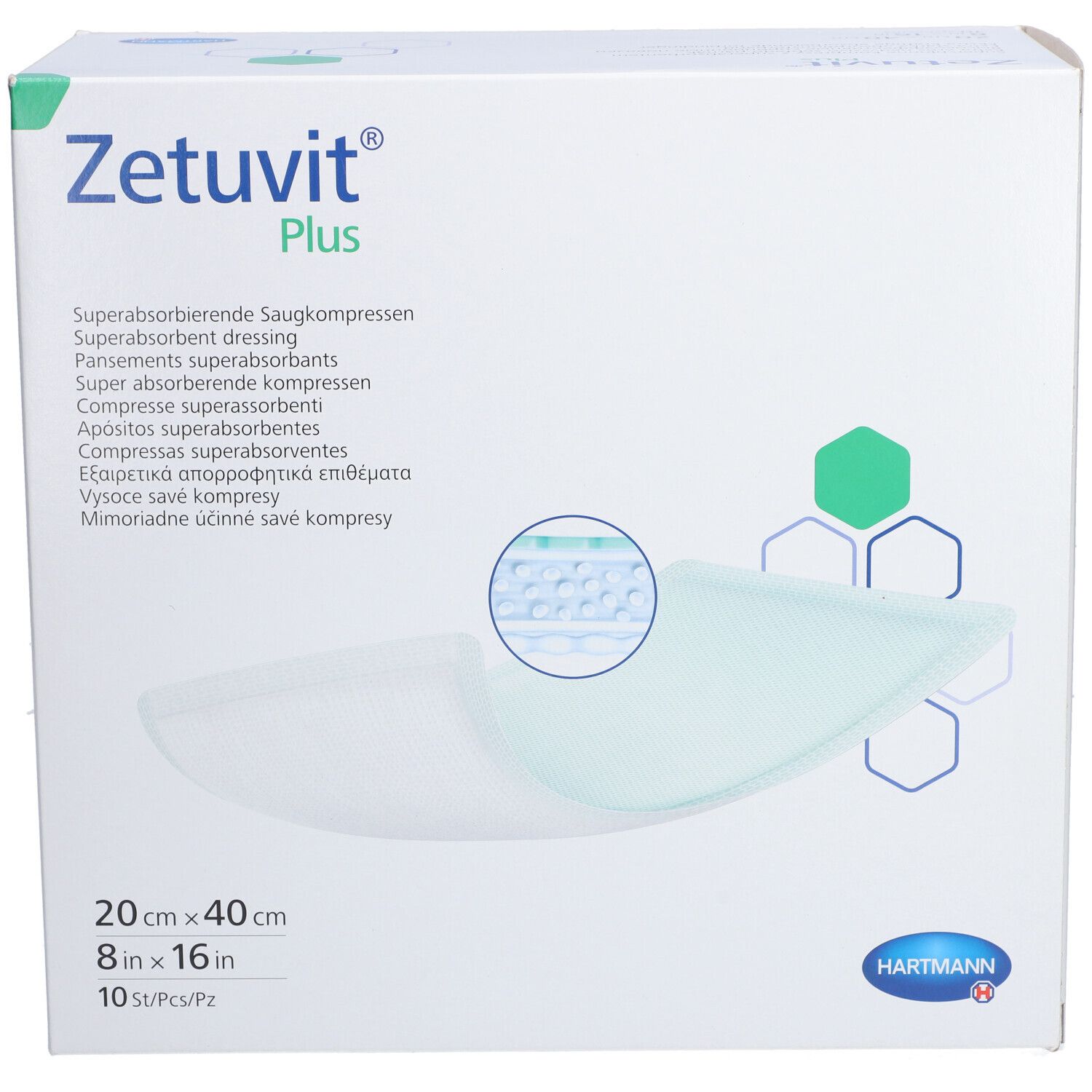 Confezione Zetuvit® Plus. Scatola bianca con nome del prodotto, dimensioni e logo Hartmann. Vista frontale.