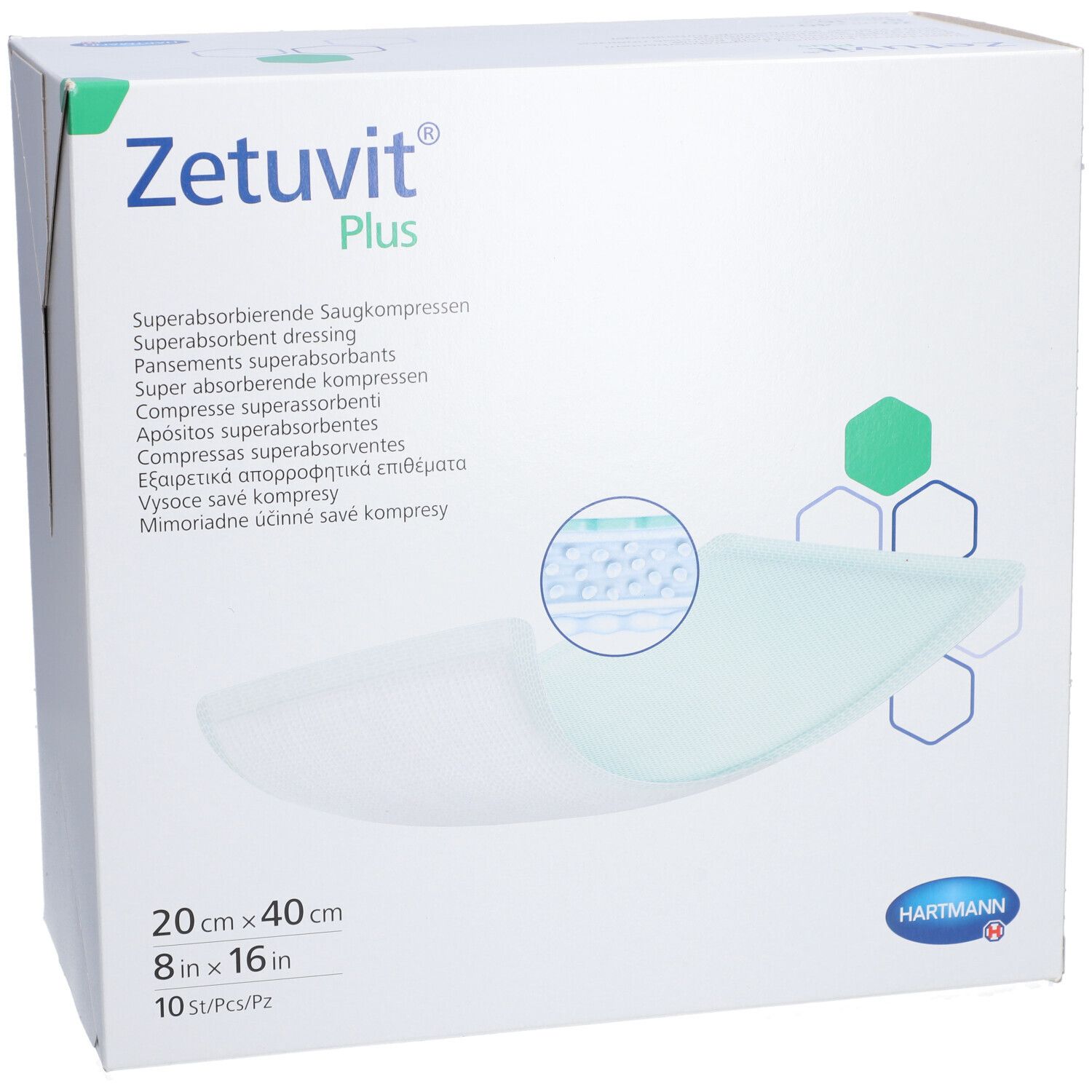 Confezione Zetuvit® Plus. Scatola bianca con nome del prodotto, dimensioni e logo Hartmann. Vista frontale.