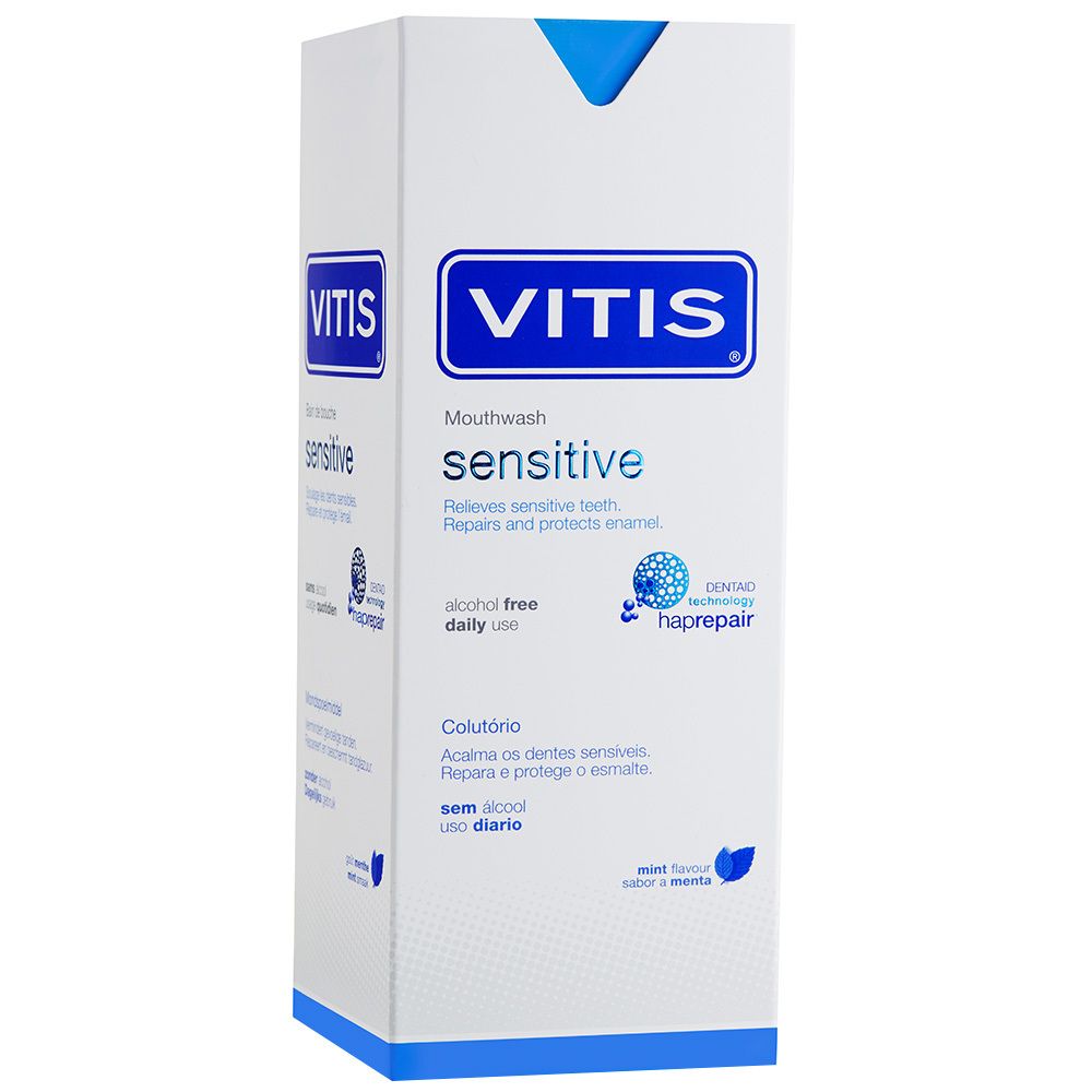 Confezione bianca con coperchio blu. Scritta: VITIS sensitive collutorio. Contiene idrossiapatite e fluoruro.