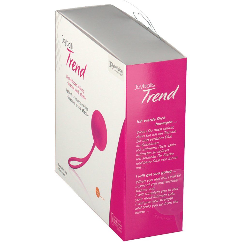 Confezione Joyballs® Trend. Sfera rosa con anello. Testo: Allenamento pavimento pelvico. Logo e testo. Vista prospettica.