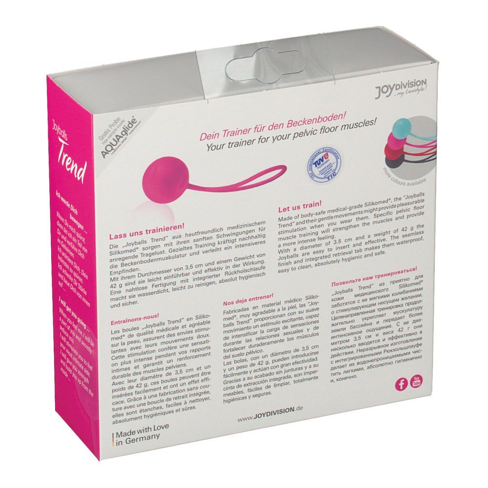 Retro confezione Joyballs® Trend. Sfera rosa con anello. Testo: Allenamento pavimento pelvico. Logo e certificazioni.