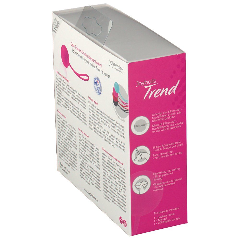 Confezione Joyballs® Trend. Sfera rosa con anello. Testo: Allenamento pavimento pelvico. Logo e certificazioni. Vista prospettica.