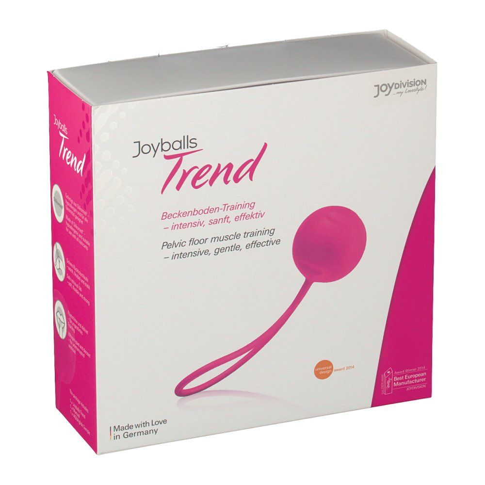 Confezione Joyballs® Trend. Sfera rosa con anello. Testo: Allenamento pavimento pelvico. Logo e certificazioni.