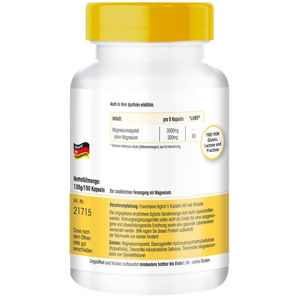 Retro del flacone bianco con tappo giallo. Contiene informazioni sugli ingredienti e i valori nutrizionali. Prodotto in Germania.