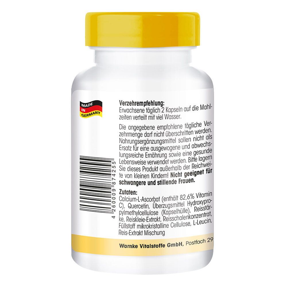 Retro del flacone. Testo sulle raccomandazioni d'uso, ingredienti e avvertenze. Made in Germany. Codice a barre.