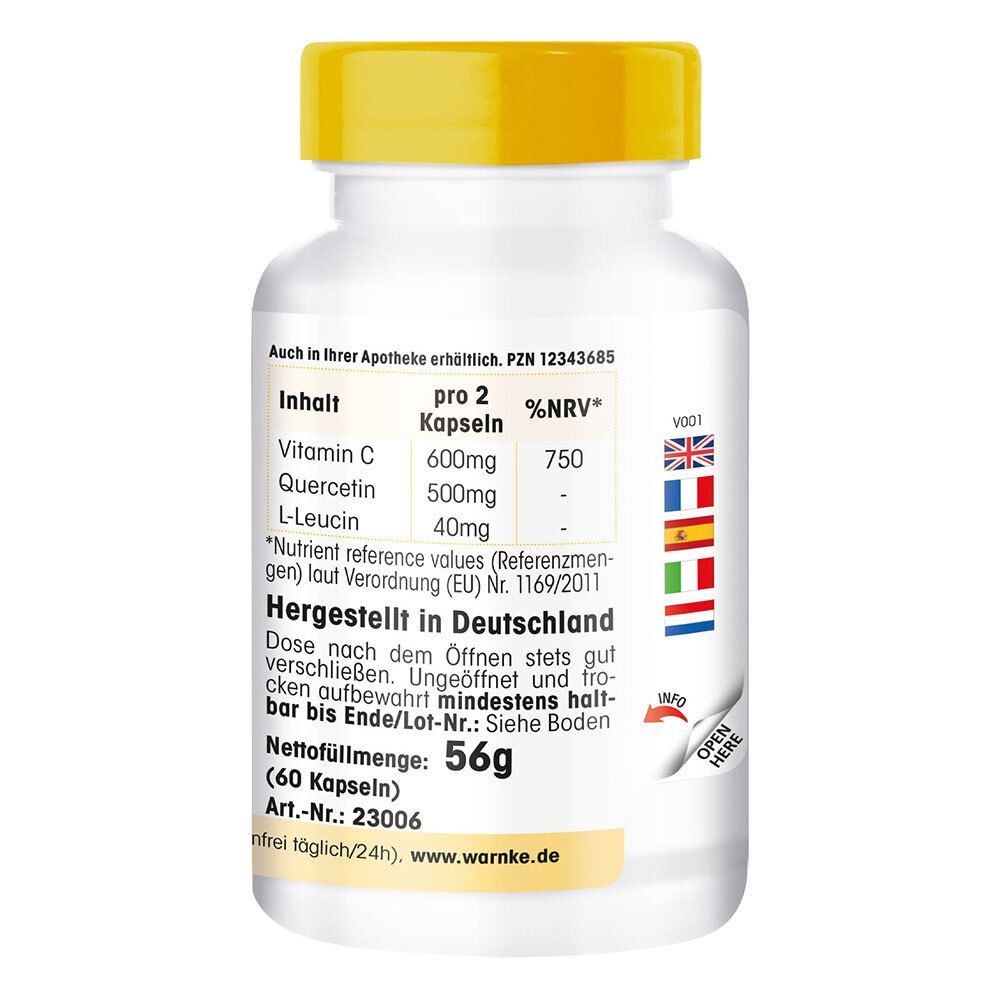 Retro del flacone. Testo su contenuto, informazioni nutrizionali e origine. Prodotto in Germania. 60 capsule, 56g.