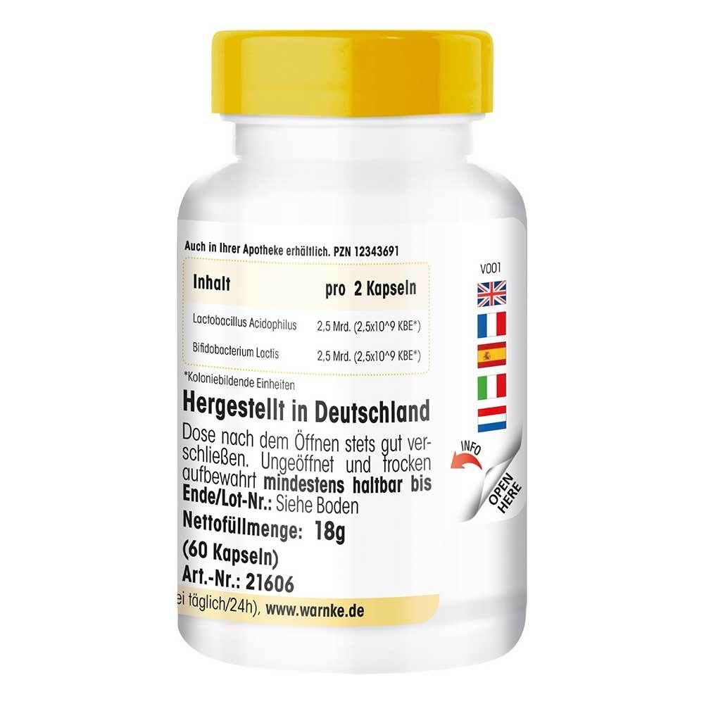 Retro del flacone Warnke Vitalstoffe Probiotik Komplex. Contiene informazioni sugli ingredienti e la produzione in Germania.