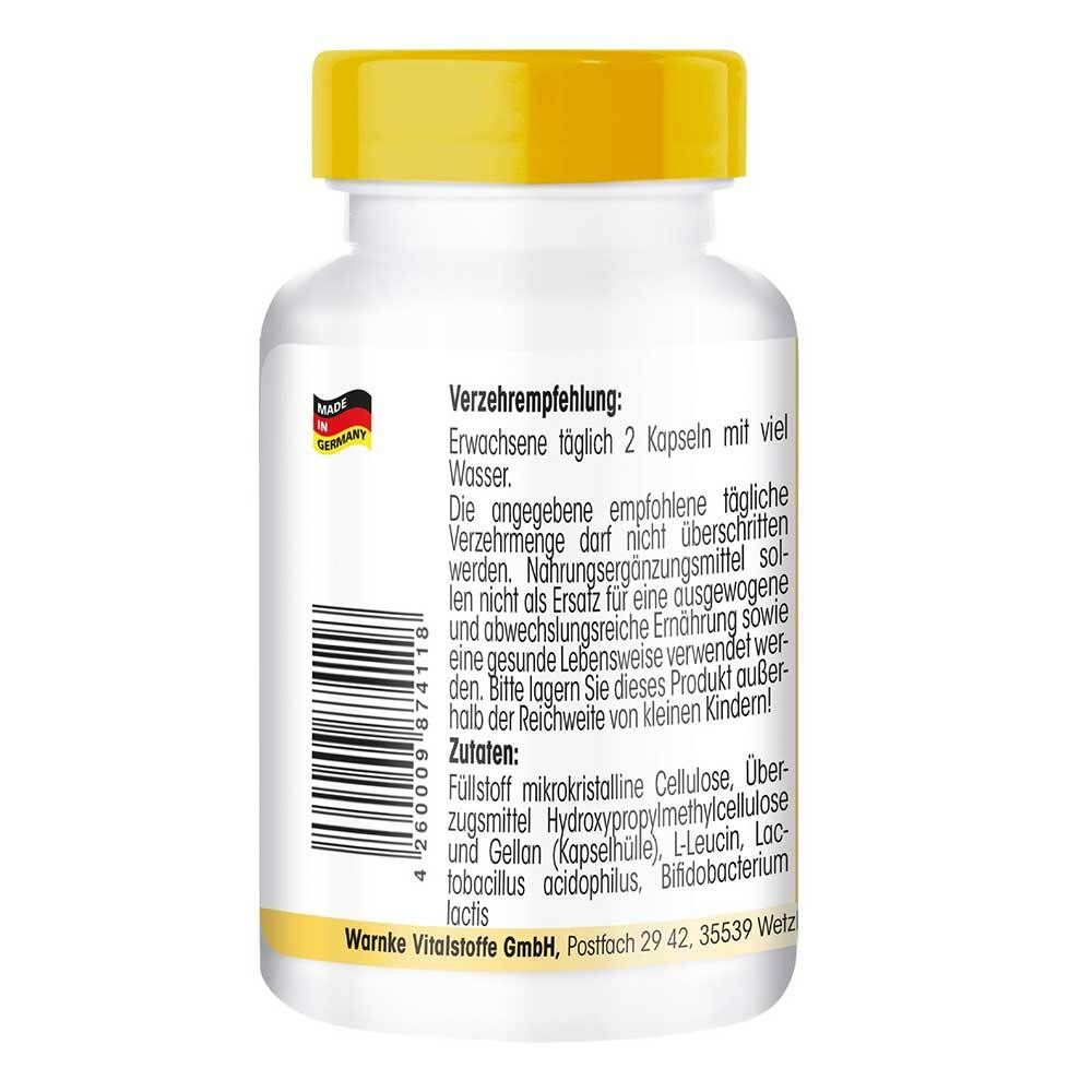 Retro del flacone Warnke Vitalstoffe Probiotik Komplex. Informazioni sul dosaggio e sugli ingredienti. Prodotto in Germania.