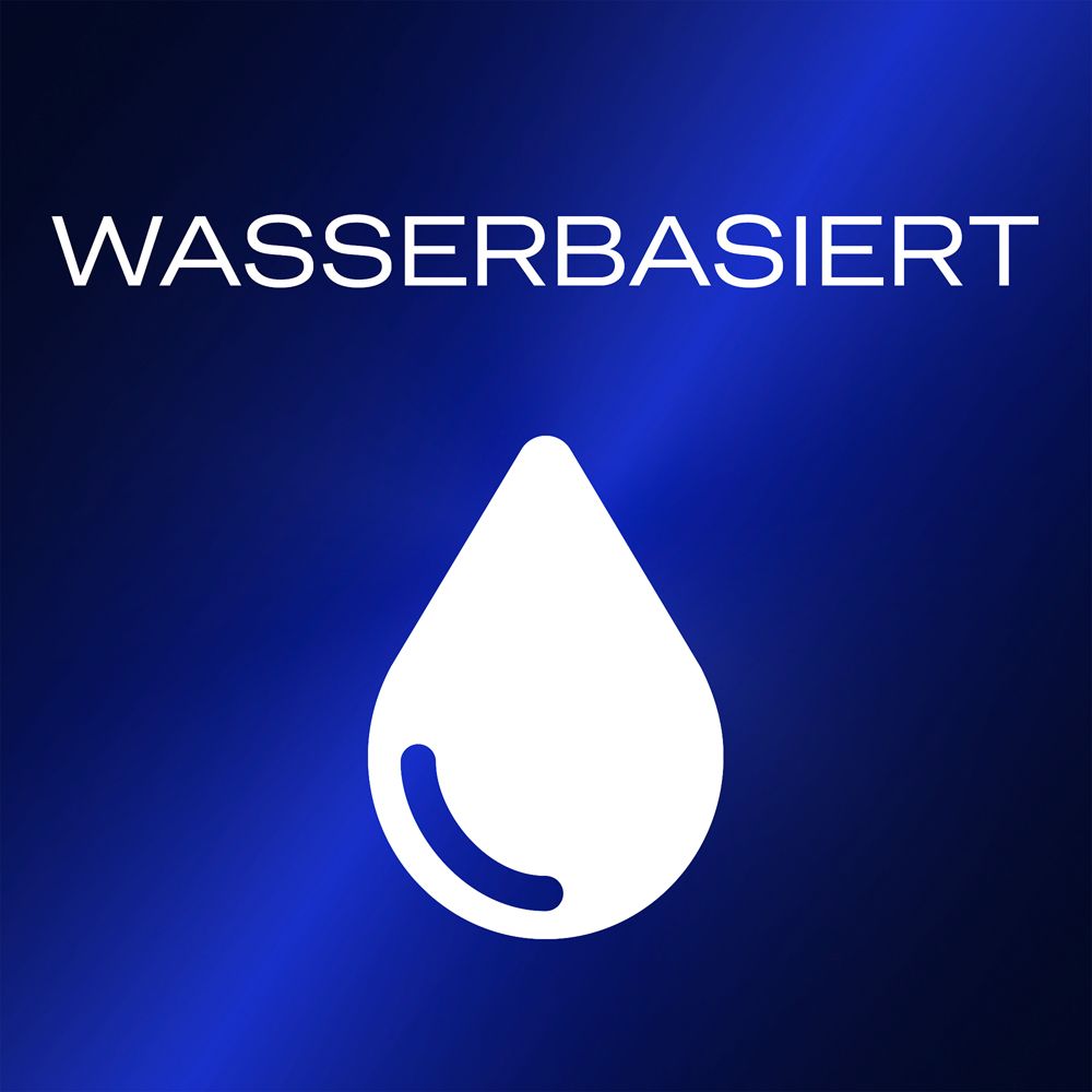 Icona bianca a forma di goccia con testo WASSERBASIERT sopra su sfondo blu.